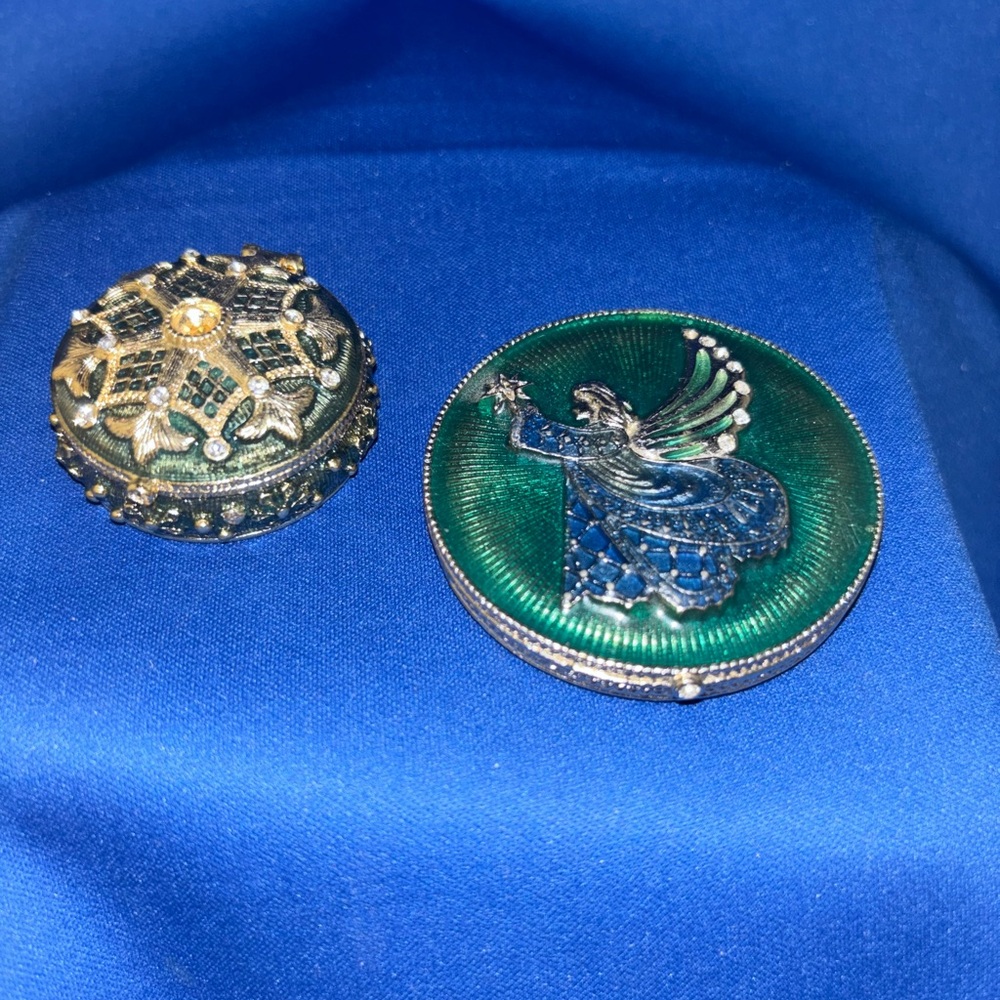Monet Trinket Pill Box Blue "Christmas Snowflake” Enamel/Metal Angel Compact Lot